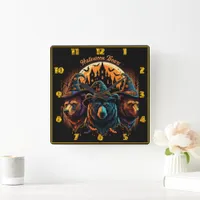 Halloween bears in hats celebrate! square wall clock