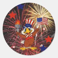 Cartoon Eagle with Flag and Fireworks (Textured) Classic Round Sticker