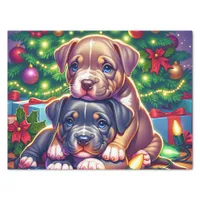 Two Cute Puppies Playing under the Christmas Tree Tissue Paper