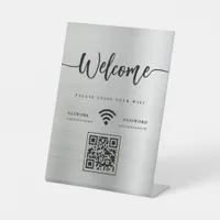 Modern Welcome Script WIFI QR Code Silver Metal Pedestal Sign