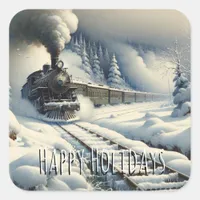 Old-Fashioned Train and Vintage Happy Holidays Square Sticker