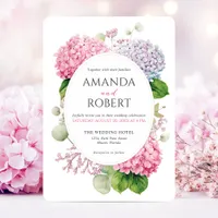 Pink Hydrangea Flowers Watercolor Oval Wedding Invitation