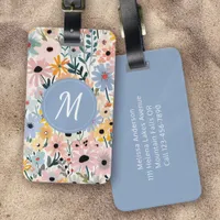 Pretty Blue Pink Floral Monogram Luggage Tag