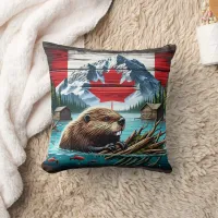 Canadian Beaver Swimming Near Rustic Cabins Throw Pillow