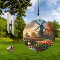 Windmill in Dutch Countryside by River with Tulips Wind Chime