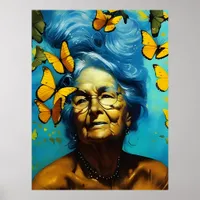 Elderly Woman With Butterflies Poster