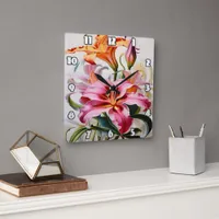 Colorful Lily Blooms on White Background Square Wall Clock