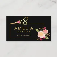 Gold Scissors Floral Hair Stylist Salon Business Card