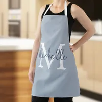 Trendy Monogram Name Initial Script Dusty Blue Apron