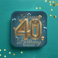 Elegant Chic Luxurious Teal and Gold 40th Birthday Paper Plates