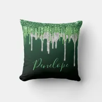 Green and Silver Glitter Dripping  Monogram   Throw Pillow