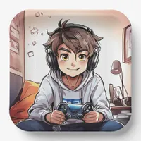 Anime Boy Playing Video Games Birthday Party Paper Plates