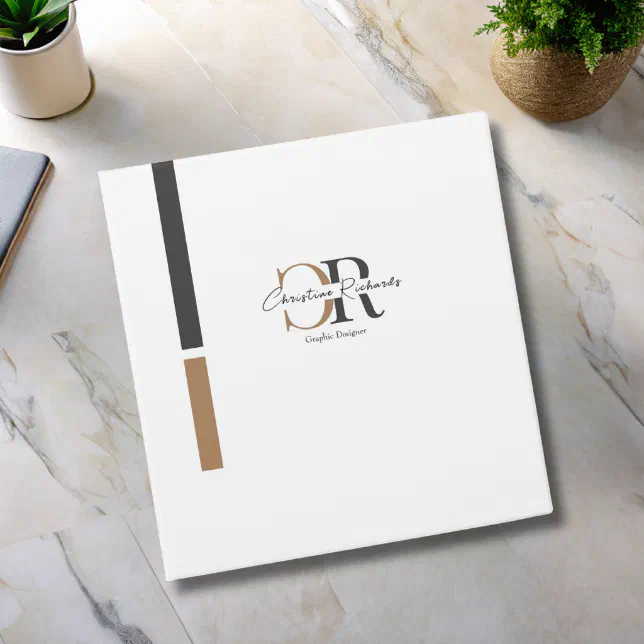 Simple Modern Black Gold Monogram 3 Ring Binder