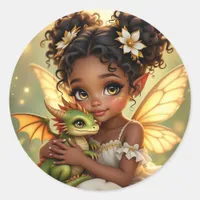 Cute Anime Fairy Girl and Chibi Dragon Classic Round Sticker