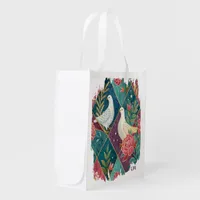 Elegant Monogram Doves Pink Floral Gold Geometric Grocery Bag