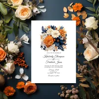 Navy Blue, Burnt Orange & Champagne Floral Wedding Invitation