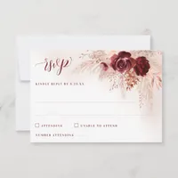 Boho Pampas Grass Burgundy Roses Floral Wedding RSVP Card