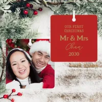 Our First Christmas Mr And Mrs Red And Gold Photo Metal Ornament