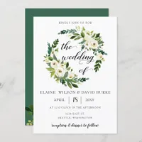 Ivory greenery white roses  floral wreath wedding invitation