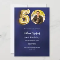 Navy blue gold photo 50th birthday invitation