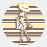 Mom to Be (dark skin) Yellow & Brown Striped Classic Round Sticker