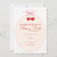 Pink Coquette Watercolor Cherry First 1st Birthday Invitation