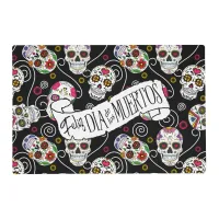 Sugar Skulls and Swirls Rose Black ID725 Placemat