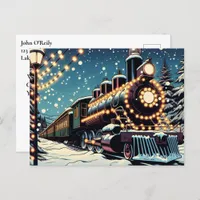 Old-fashioned Vintage Train on a Christmas Night Holiday Postcard