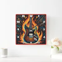 Guitar ablaze in a burst of fiery colors square wall clock