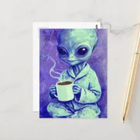 Blue Alien With a Cup of Coffee Postcard