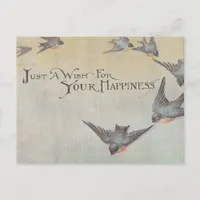 Vintage Wish For Happiness Birds Postcard