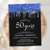 Elegant Blue Silver Black Glitter Drip 50 Birthday Postcard