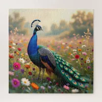 A Colorful Peacock and Flowers  Jigsaw Puzzle