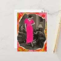 Fashion Hot Pink Dress Lady Collage  Postcard