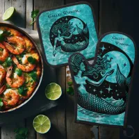 Bespoke Aqua Blue Mystical Mermaid Galley Wisdom Oven Mitt & Pot Holder Set