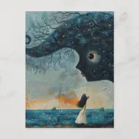 Surreal Blue Face and a Girl Postcard