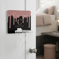 Rose Gold Sparkle Glitter Drips Monogram | Black Mini Basketball Hoop