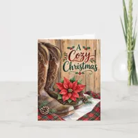 A Cozy Country Christmas Western Boots Poinsettia Holiday Card