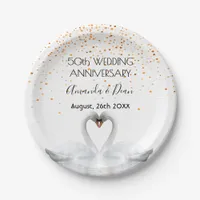 50th gold wedding anniversary chic white swans paper plates