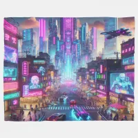 Vibrant Neon Cyberpunk Cityscape Fantasy | Fleece Blanket