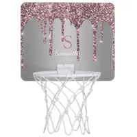 Rose Gold Pink Glitter Drips Silver Monogram Mini Basketball Hoop