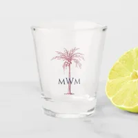 Tropical Navy Blue Rose Gold Palm Tree Monogram Shot Glass
