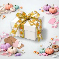 Playful Yellow Glitter Ghost Pumpkin Design Satin Ribbon