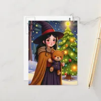 Witch and Teddy Bear With Christmas Tree Postcard