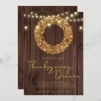 Rustic Thanksgiving Wreath String Lights Wood Invitation