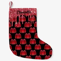 Christmas ugly sweater red black glitter name small christmas stocking