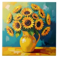 Yellow Sunflowers with Turquoise Background Ceramic Tile
