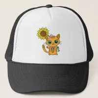 Cute Orange Kawaii Cat with Sunflower Trucker Hat