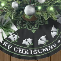 Silver Bells on Green on Black Brushed Polyester Tree Skirt