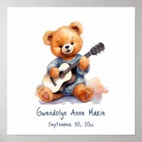 Nursery Art Poster Teddy Bear Guitar Customizable